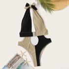 Romwe Two Tone Color Cut-out Buckle Halter Monokini