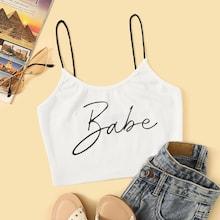 Romwe Letter Print Rib-knit Cami Top