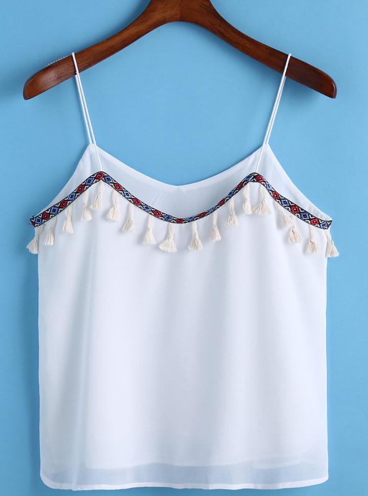 Romwe Spaghetti Strap With Tassel Chiffon Cami Top