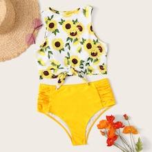 Romwe Sunflower Print Knot Hem Top With Ruched Bikini Set
