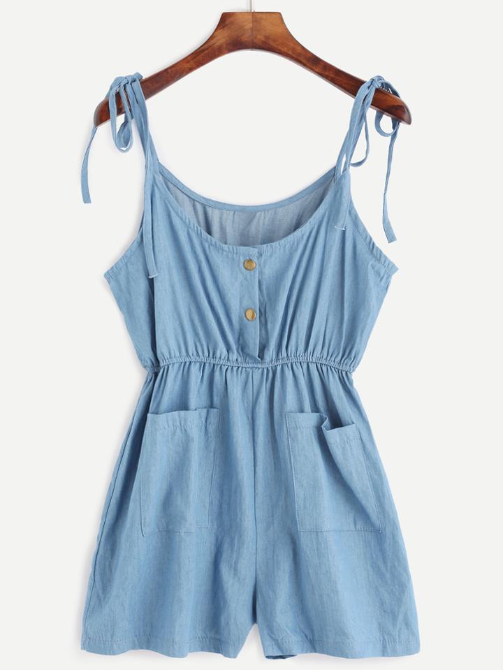 Romwe Spaghetti Strap Denim Pockets Romper