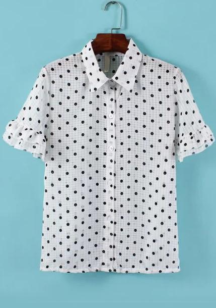 Romwe Lapel Butterfly Sleeve Polka Dot White Blouse