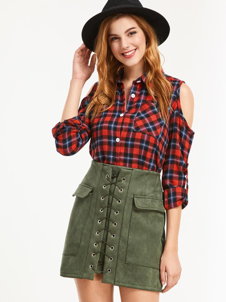 Romwe Tartan Plaid Open Shoulder Roll Tap Sleeve Blouse