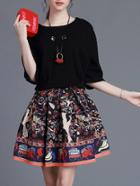 Romwe Black Sweater Top With Print Skirt