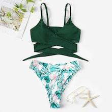 Romwe Wrap Top With Random Palm Bikini Set