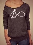Romwe Long Sleeve Anchors Print Sweatshirt