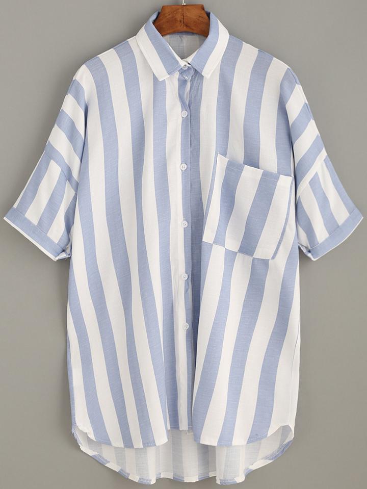 Romwe Blue White Vertical Striped Drop Shoulder Blouse