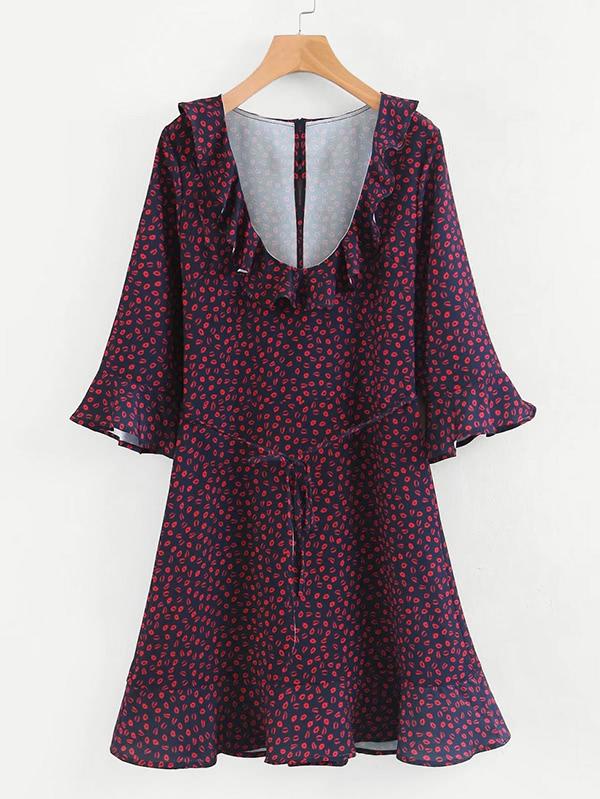Romwe Lip Print Self Tie Flounce Dress