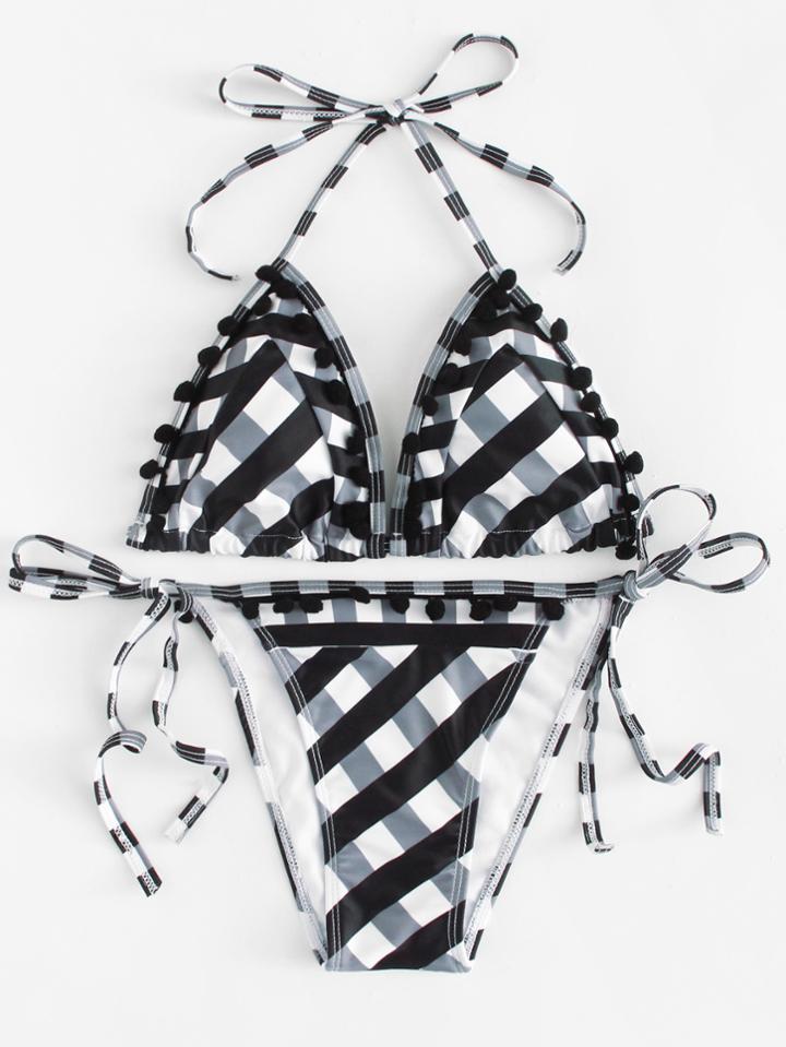 Romwe Self Tie Checkered Bikini Set