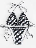 Romwe Self Tie Checkered Bikini Set