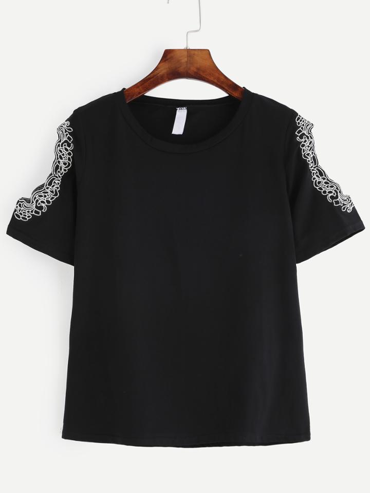 Romwe Black Embroidered Open Shoulder T-shirt