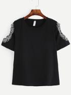 Romwe Black Embroidered Open Shoulder T-shirt