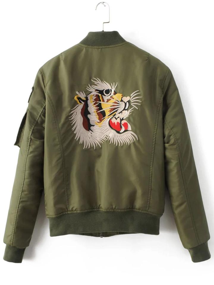 Romwe Army Green Tiger Embroidery Zipper Up Flight Jacket