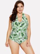 Romwe Palm Print Halter Swimsuit