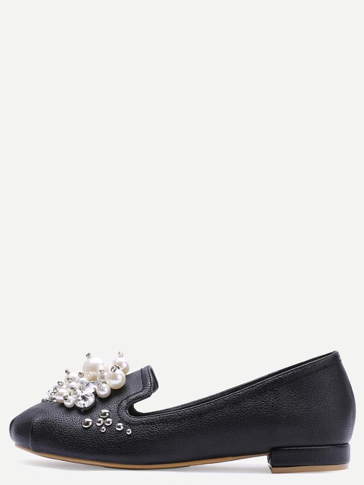 Romwe Black Pearl Embellished Pu Flats