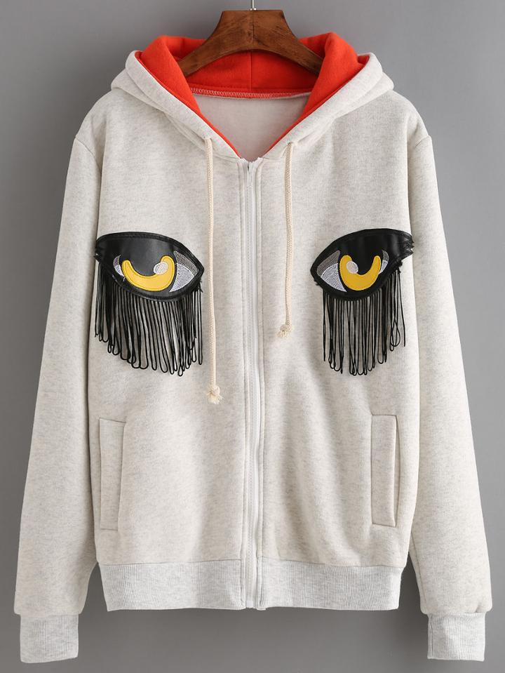 Romwe Hooded Drawstring Eye Embroidered Fringe Zipper Sweatshirt