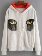 Romwe Hooded Drawstring Eye Embroidered Fringe Zipper Sweatshirt
