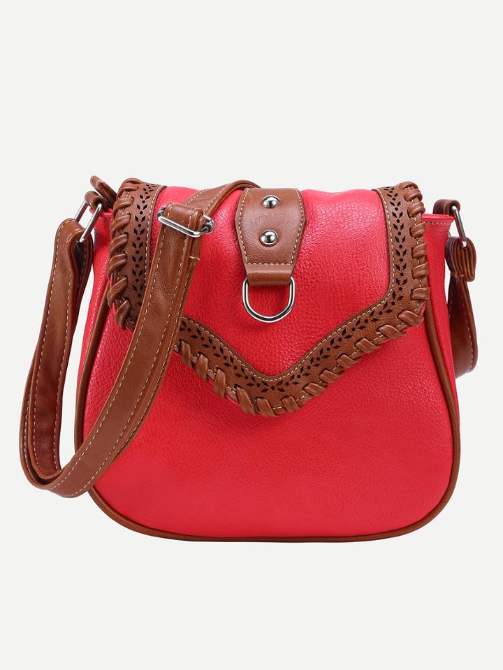 Romwe Red Contrast Whipstitch Trim Saddle Bag