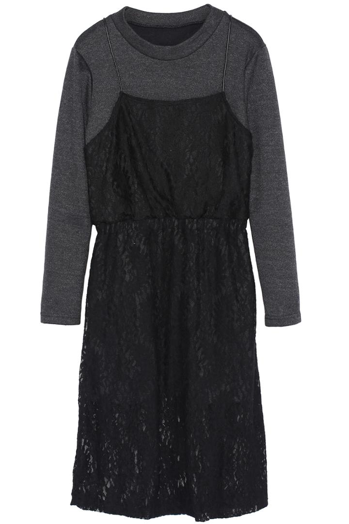 Romwe Long Sleeve Contrast Lace Layer Black Dress