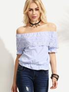 Romwe Blue Lace Trim Off The Shoulder Ruffled Top