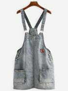 Romwe Blue Embroidered Patch Denim Overall Dress