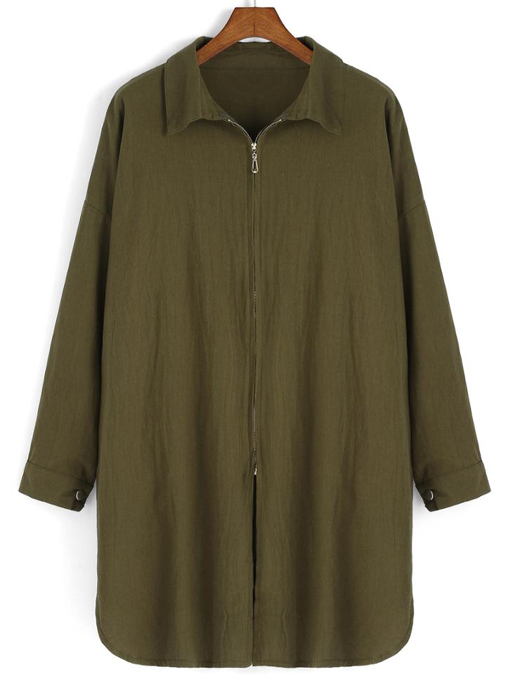 Romwe Lapel Long Sleeve Zipper Loose Coat