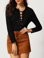 Romwe Long Sleeve Lace Up Black Blouse