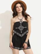 Romwe Black Vintage Print Strapless Top With Zipper Shorts