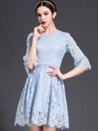 Romwe Blue Round Neck Bell Sleeve Lace Dress