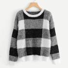 Romwe Color Block Plaid Fuzzy Jumper