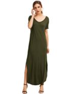 Romwe Green Short Sleeve Pocket Split Side Dress