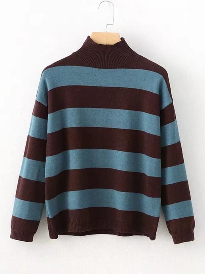 Romwe Block Striped Mock Neck Sweater