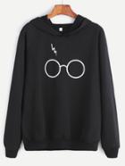 Romwe Black Eyeglass Print Hooded Sweatshirt