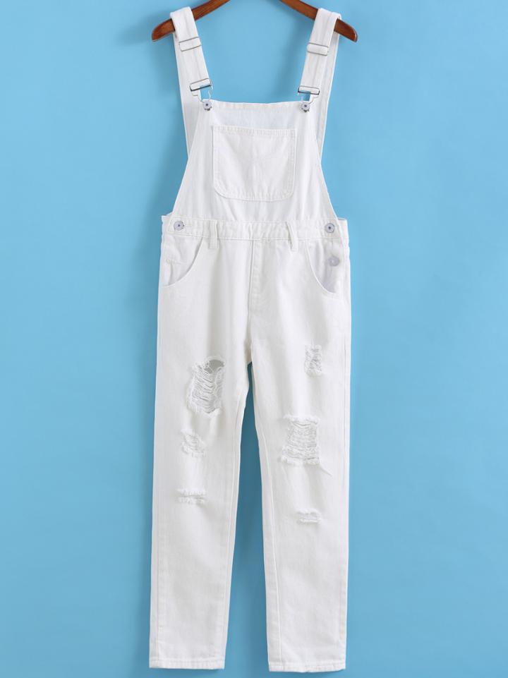 Romwe White Strap Ripped Pockets Denim Jumpsuit