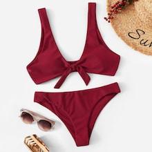 Romwe Knot Front Top With Low Waist Bikini Set