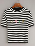 Romwe Black Striped Letters Embroidered Sweater