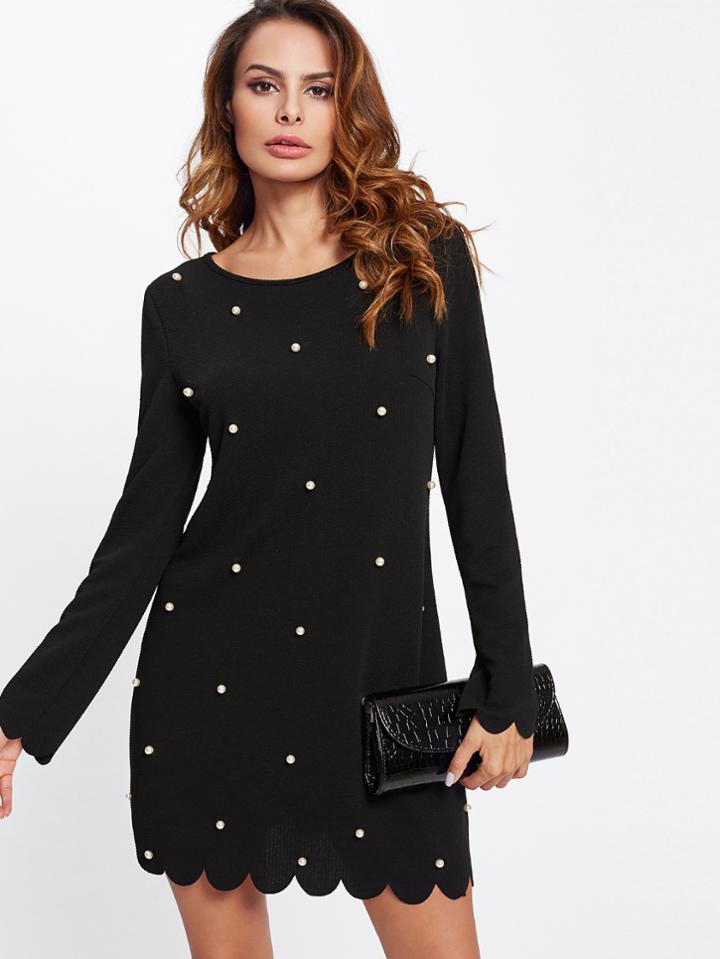 Romwe Pearl Embellished Scalloped Dress