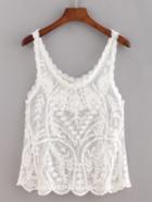 Romwe Scalloped Embroidered Mesh Tank Top - White