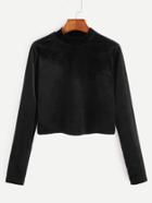 Romwe Black High Neck Velvet Crop T-shirt