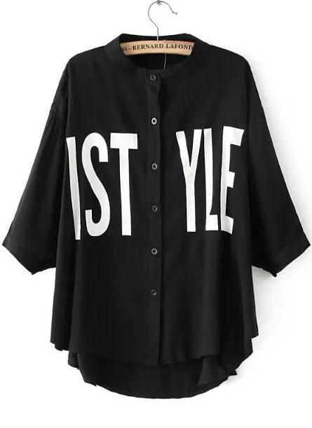Romwe Dip Hem Stand Collar Letter Print Black Blouse
