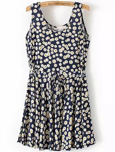Romwe Navy Sleeveless Drawstring Waist Daisy Print Dress