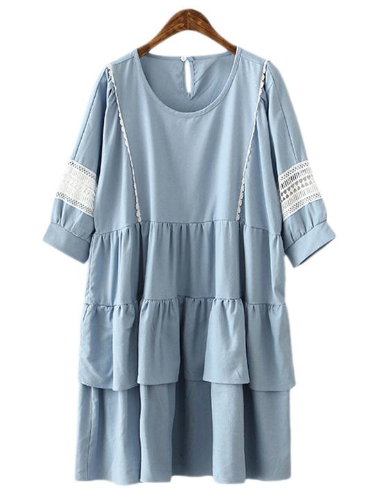 Romwe Blue Keyhole Back Ruffle Crochet Splicing Doll Dress