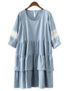 Romwe Blue Keyhole Back Ruffle Crochet Splicing Doll Dress
