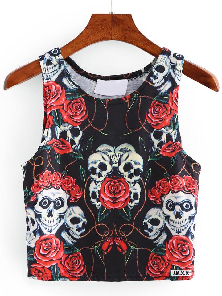 Romwe Skull & Rose Print Crop Tank Top
