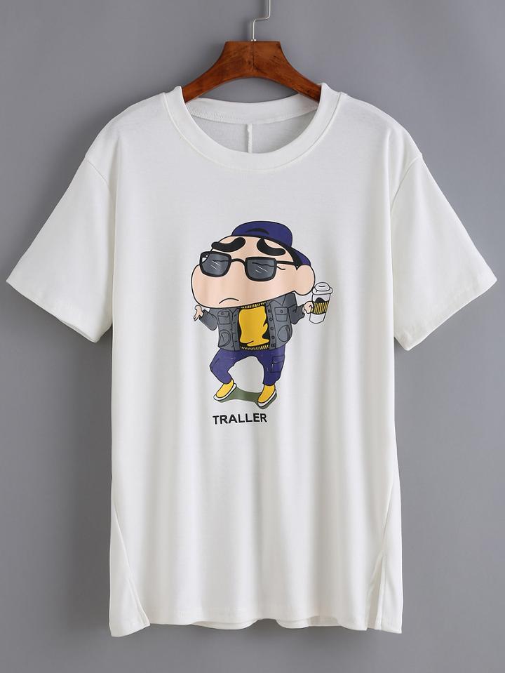 Romwe Cartoon Print Split White T-shirt