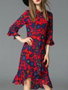 Romwe Red Ruffle High Low Print Dress