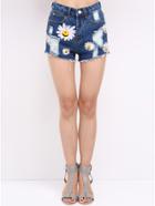 Romwe High Waist Chrysanthemum Print Denim Shorts