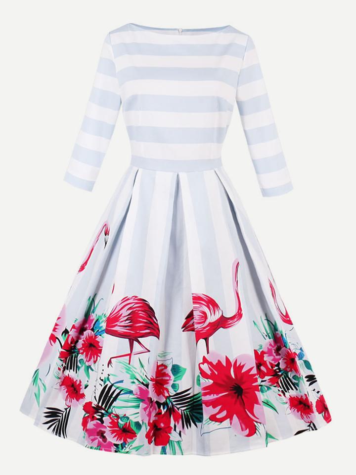Romwe Contrast Stripe Flamingo Print Swing Dress