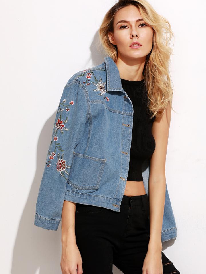 Romwe Blue Flower Embroidered Crop Denim Jacket