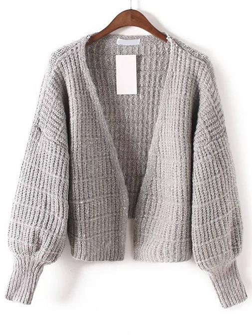 Romwe Lantern Sleeve Short Grey Cardigan